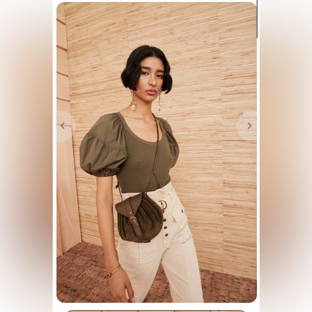 Ulla Johnson Ribbed Puff Sleeve Harlowe Top Military Melange Green